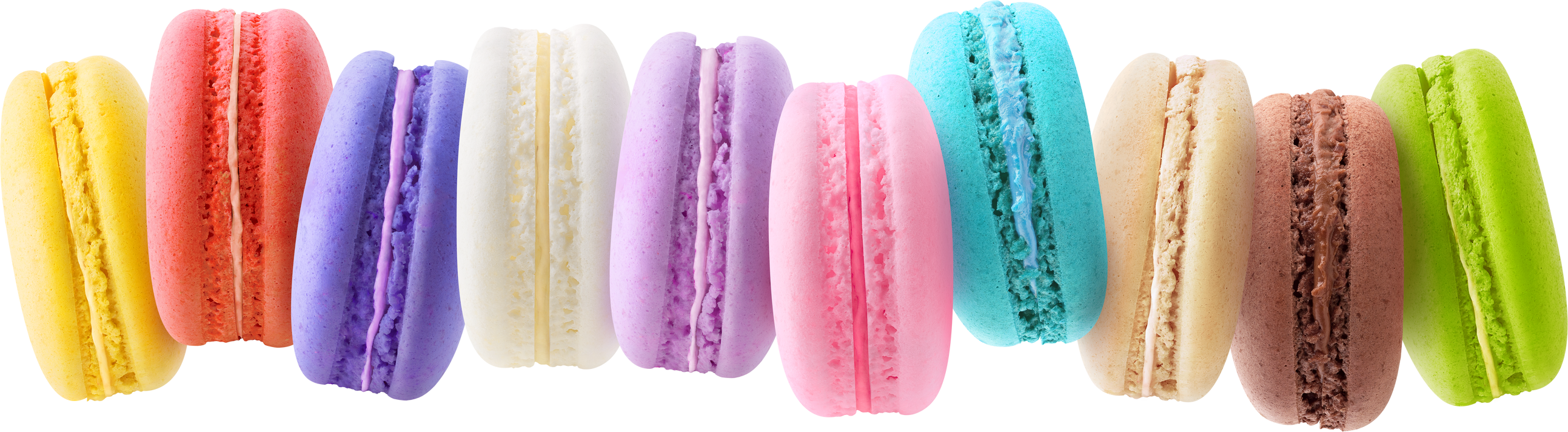 Macaroons of Different Colors in a Row Isolated on White